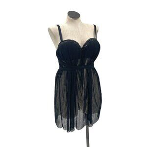 Vintage 90s Y2K Sheer Black Pleated Slip Dress with Adjustable Sash 1X